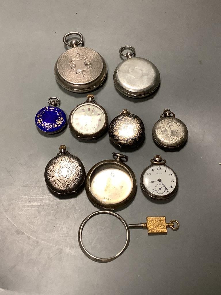 Two white metal cased pocket watches including hunter by Perret & Fils, six white metal fob watches and a white metal watch case (some a.f.).